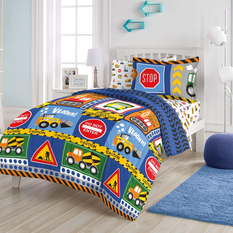 dream FACTORY Kids 5-Piece Complete Set Easy-Wash Super Soft Microfiber Comforter Bedding, Twin, Navy Blue Under Construction - Image 4